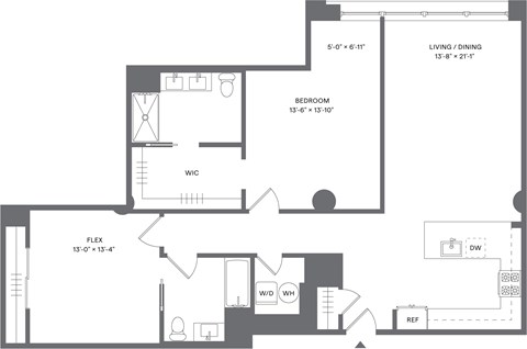 Floor plan for 1 bed, 2 baths, 1350 sqft